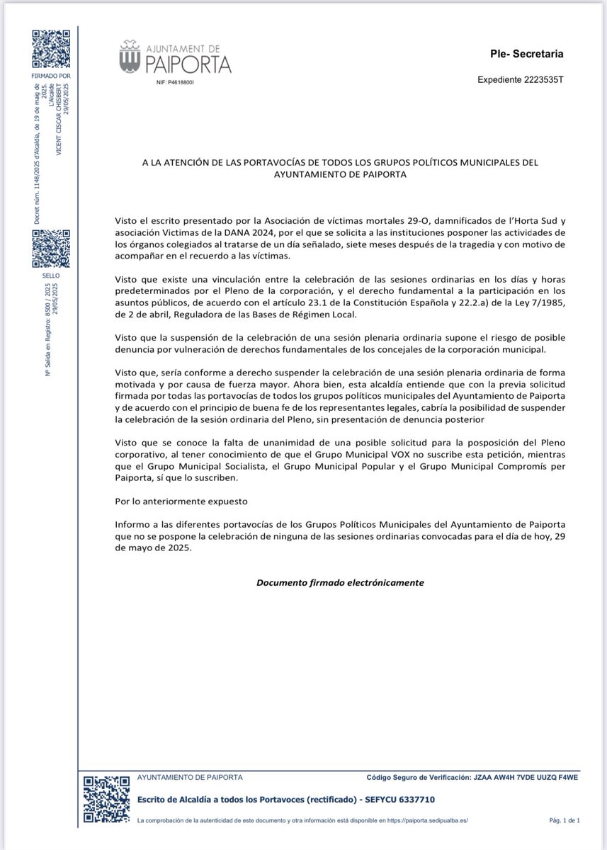 Solo VOX ha dicho NO a la suspensión del pleno municipal de hoy.

Mientras Compromís, PSOE y PP pactan para aplazarlo y acudir juntos a una “manifestación contra <a href="/carlos_mazon_/">Carlos Mazón</a>”—a propuesta de un candidato de Compromís—, VOX cumple con su deber y defiende el respeto