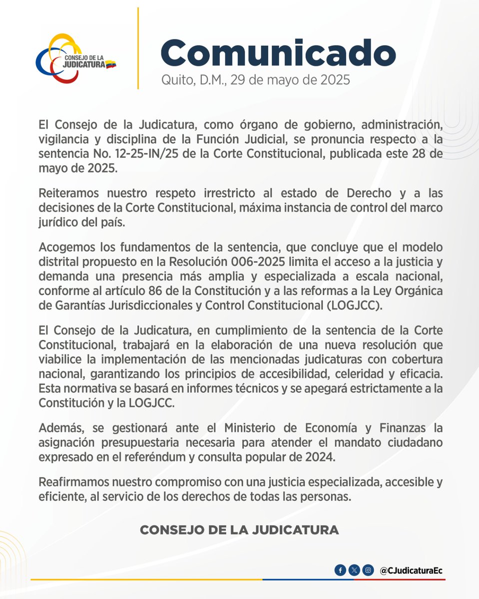 Consejo de la Judicatura (@cjudicaturaec) on Twitter photo 📄 | #ComunicadoOficial
Ante la Sentencia No. 12-25-IN/25 emitida por la <a href="/CorteConstEcu/">Corte Constitucional</a>, el <a href="/CJudicaturaEc/">Consejo de la Judicatura</a> informa a la ciudadanía y a los medios de comunicación lo siguiente:
#JusticiaResponsable ⚖️ 📄 | #ComunicadoOficial
Ante la Sentencia No. 12-25-IN/25 emitida por la <a href="/CorteConstEcu/">Corte Constitucional</a>, el <a href="/CJudicaturaEc/">Consejo de la Judicatura</a> informa a la ciudadanía y a los medios de comunicación lo siguiente:
#JusticiaResponsable ⚖️