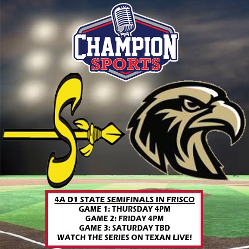 Champion Sports Radio (@championsports) on Twitter photo The <a href="/uiltexas/">Texas UIL</a> Baseball State Semifinals start tonight as <a href="/SeminoleISD/">Seminole ISD</a> battles #5 <a href="/PGHAWKSBASEBALL/">PG Hawks Baseball</a>! If you can’t be there, watch with us on <a href="/Texan_Live/">Dave Campbell’s Texan Live - Texanlive.com</a>!
⚾️4A D1 State Semis
⏰4PM
📍<a href="/RidersBaseball/">Frisco RoughRiders</a> Field
🎙️<a href="/MrThomasDLee/">Thomas D. Lee</a> & <a href="/PeteNielsen11/">Pete Nielsen</a>
📺 texanlive.com/video/6835fb75… The <a href="/uiltexas/">Texas UIL</a> Baseball State Semifinals start tonight as <a href="/SeminoleISD/">Seminole ISD</a> battles #5 <a href="/PGHAWKSBASEBALL/">PG Hawks Baseball</a>! If you can’t be there, watch with us on <a href="/Texan_Live/">Dave Campbell’s Texan Live - Texanlive.com</a>!
⚾️4A D1 State Semis
⏰4PM
📍<a href="/RidersBaseball/">Frisco RoughRiders</a> Field
🎙️<a href="/MrThomasDLee/">Thomas D. Lee</a> & <a href="/PeteNielsen11/">Pete Nielsen</a>
📺 texanlive.com/video/6835fb75…