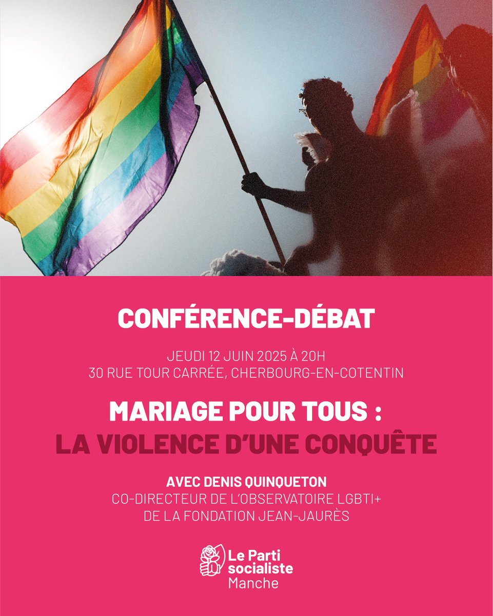 SAVE THE DATE

📆 Jeudi 12 juin à 20h
📍 30 rue Tour carrée, 50100 Cherbourg-en-Cotentin

« Mariage pour tous : la violence d’une conquête » avec <a href="/denisquinqueton/">Denis Quinqueton</a>, co-directeur de l’Observatoire LBGTI+ de la <a href="/j_jaures/">Fondation Jean-Jaurès</a> et ancien président de <a href="/HES_France/">HES LGBTI+ ❤️🏳️‍🌈 🏳️‍⚧️🤝</a>

Entrée libre !