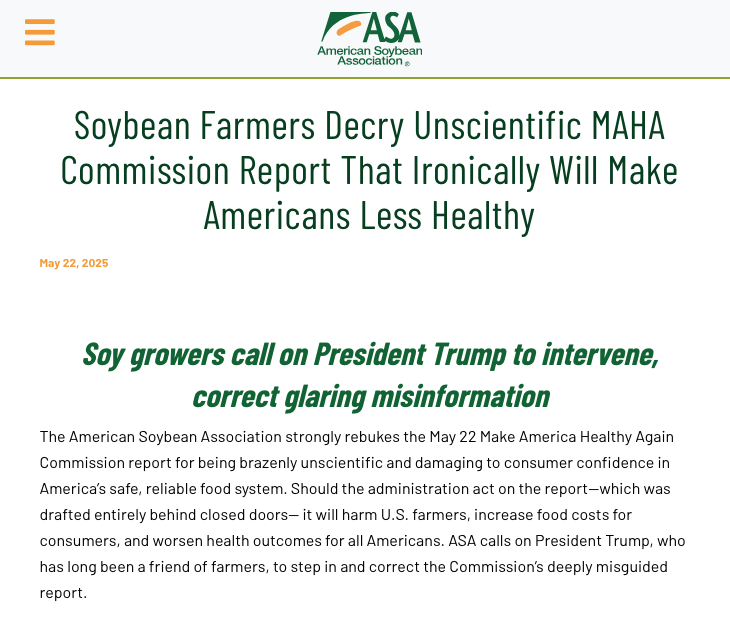 drcateshanahan's tweet image. Soybean growers are crying foul after last week's MAHA report sent them into a panic.
The American Soybean Association director, Alan Meadows, says, “This is truly a case of saying up is down and down is up...We’re discouraging people from consuming heart-healthy oils and…