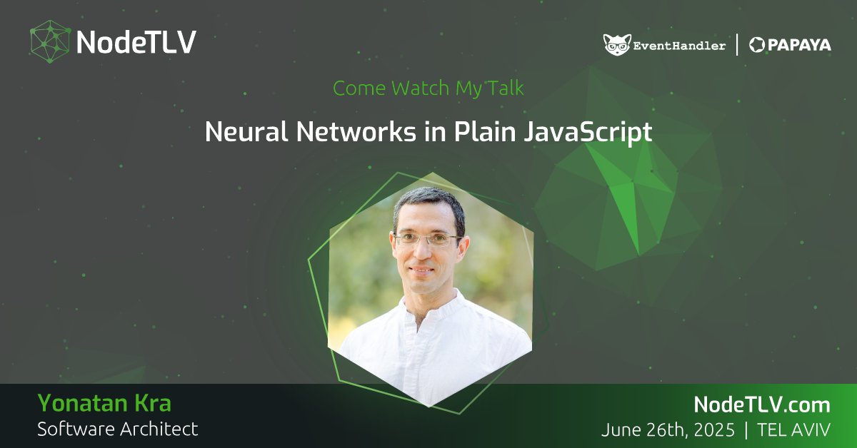 NodeTLV's tweet image. We are proud to announce that Yonatan Kra, Software Architect, will be speaking at #NodeTLV '25!
Want to learn more?
Check out all the details at ๐ NodeTLV.com