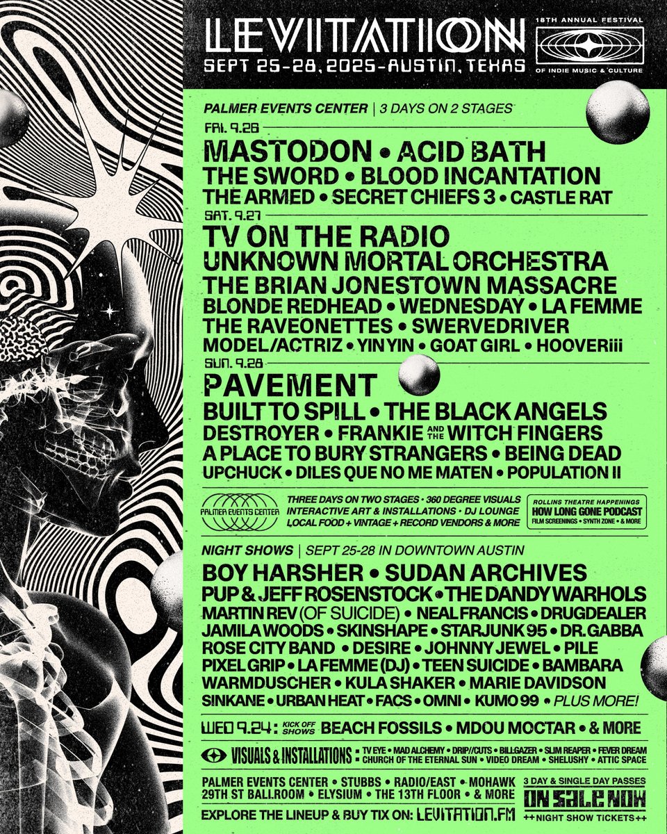 LEVITATION - SEPT 25-28, 2025
3 Day &amp; Single Day Passes are on sale right now!
levitation.fm/2025

LEV 2025 brings 3 days of music on 2 stages at Palmer Events Center and a full weekend of Night Shows and good times in downtown Austin!