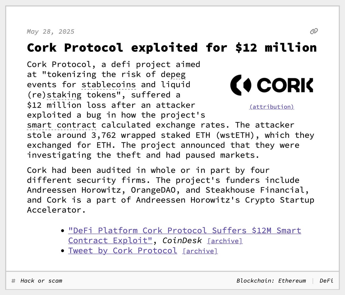 Cork Protocol exploited for $12 million May 28, 2025