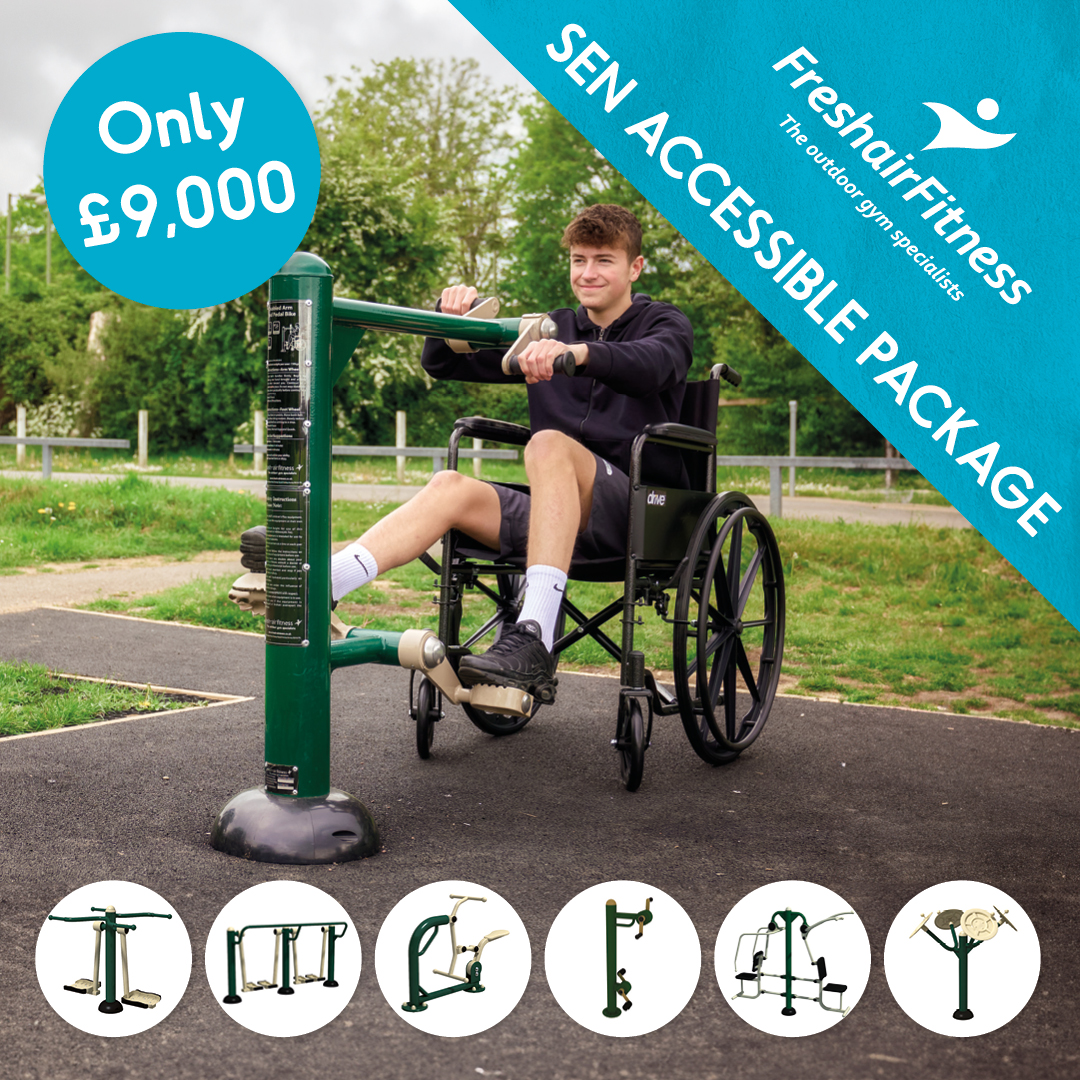 SEND ACCESSIBLE PACKAGE

This package includes:
- Air Skier
- Tai chi Spinners
- Accessible Arm and Pedal bike
- Double Air Walker
- Rider
- Combi pull down and chest press

Total cost: £9,000 for site inspection, manufacture, supply, delivery and installation.

Call us on 01483