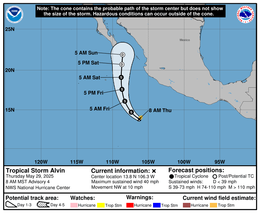 webcamsdemexico's tweet photo. ⚠️ AVISO ⚠️
🌀 Se ha formado en el #Pacífico la #TormentaTropical #Alvin al sur de las costas de #Colima y #Michoacán.
Se localiza a 585 km al sur-suroeste de #PuntaSanTelmo, #Mich, y a 1,080 km al sur-sureste de #CaboSanLucas, #BCS, con vientos máximos sostenidos de 65 km/h y rachas de 85 km/h.
Se desplaza al noroeste a 17 km/h.
