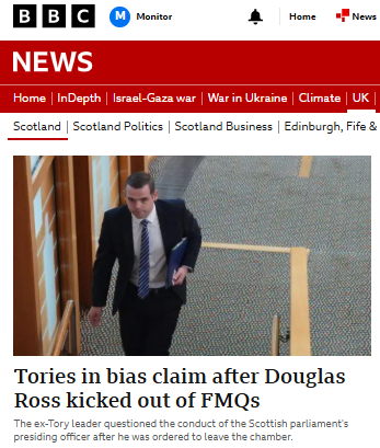 Par for the course for BritNat News to spin the expulsion of Douglas Ross from the chamber for repeated obnoxious behaviour into an attack on the Presiding Officer's neutrality. The broadcaster wears its political bias on its sleeve.