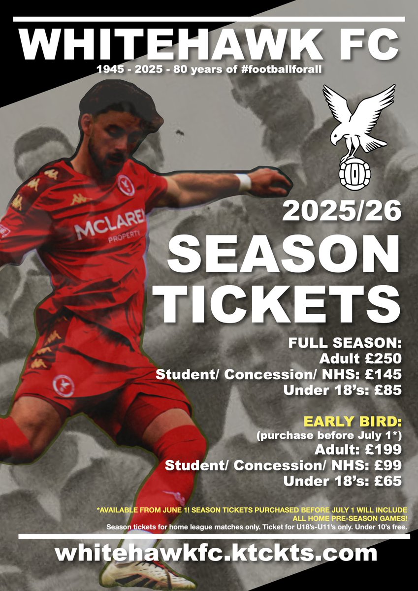 🎉 WHITEHAWK FC TURNS 80! 🎉

We’re celebrating our 80th Anniversary in style this 2025/26 season — and you’re invited! 🦅⚽

🎟️ Season Tickets ON SALE FROM JUNE 1
 🔥 Early Bird (until June 30):
 👤 Adult – £199
 🎓 Concession/Student/NHS – £99
 🧒 U18s – £65
 👶 U10s – FREE!