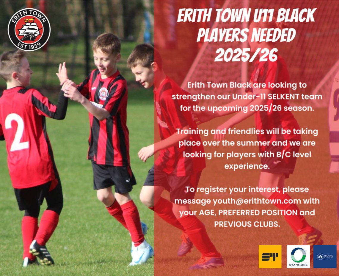 Erith Town FC (@erithtown) on Twitter photo 📋 | PLAYERS WANTED
Erith Town are looking to strengthen our U11 SELKENT team for the upcoming 2025/26 season.
Training and friendlies taking place over the summer and are looking for B/C level experience.
For details, please email youth@erithtown.com!
#UpTheDockers 📋 | PLAYERS WANTED
Erith Town are looking to strengthen our U11 SELKENT team for the upcoming 2025/26 season.
Training and friendlies taking place over the summer and are looking for B/C level experience.
For details, please email youth@erithtown.com!
#UpTheDockers