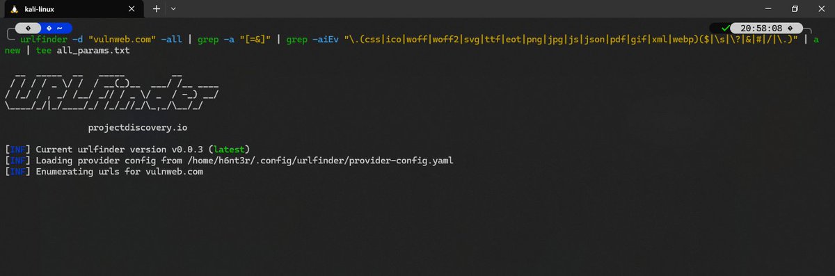 This is how i collect GET based parameters.
urlfinder -d "vulnweb.com" -all | grep -a "[=&amp;]" | grep -aiEv "\.(css|ico|woff|woff2|svg|ttf|eot|png|jpg|js|json|pdf|gif|xml|webp)($|\s|\?|&amp;|#|/|\.)" | anew | tee all_params.txt

What is your methodology?
#BugBounty