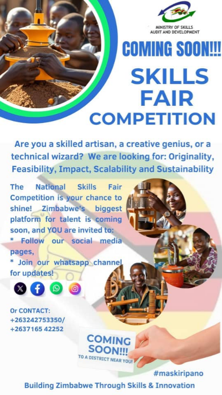 Chikomba, Goromonzi, Mbire, Hurungwe, Mazowe, Kariba, Mhondoro-Ngezi, Rushinga, Chipinge, Chinanimani, DC Mutasa, Nyanga and Karoi...

Get ready to showcase your skills!

The National Skills Fair is coming your way!