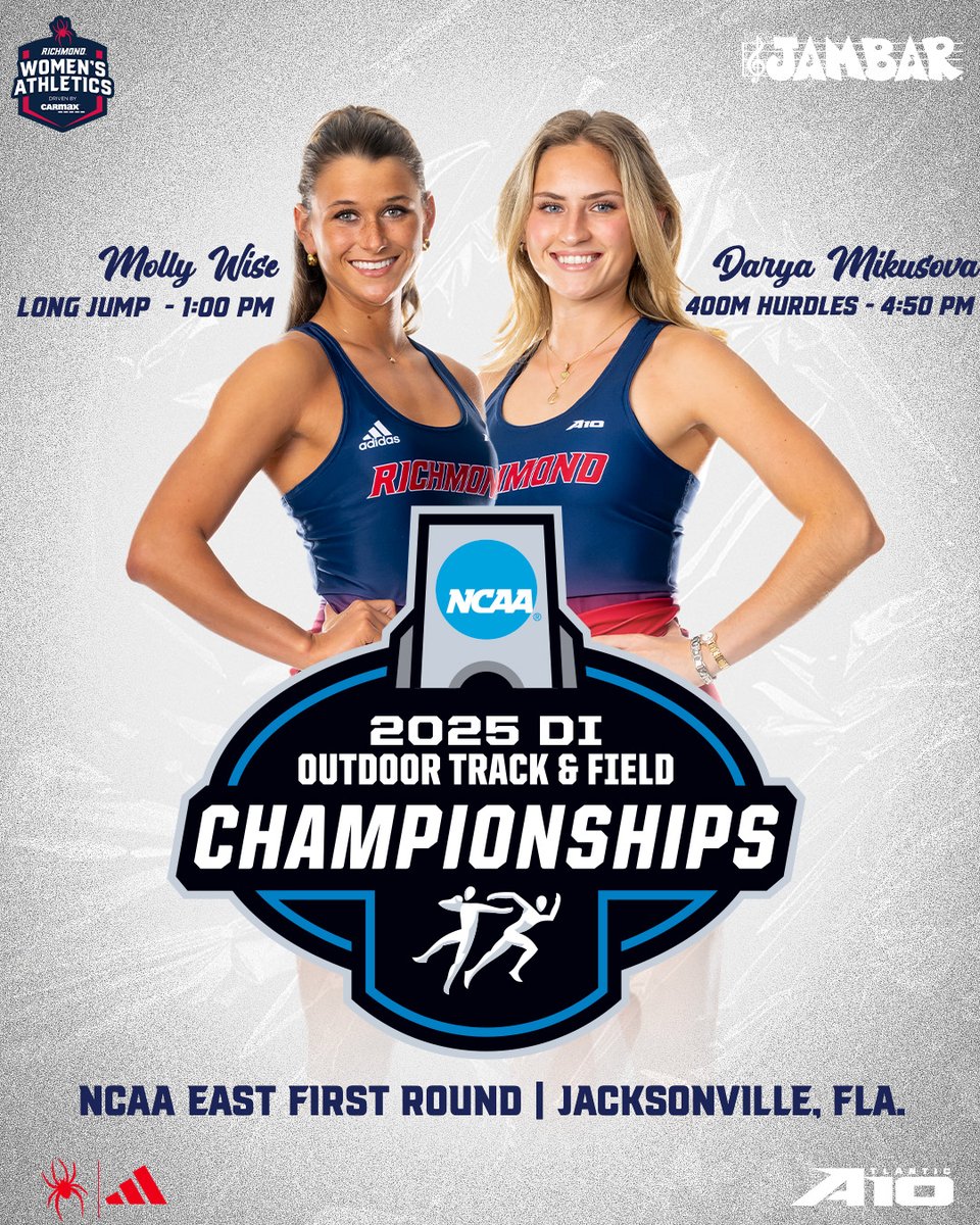 RichmondXCTF's tweet image. TIME TO SHINE SPIDERS! 🤩

Here we go Molly and Darya!

🏁 NCAA East First Round
📍 Hodges Stadium | Jacksonville, Fla.
⏰ 1:00 p.m. (LJ) / 4:50 p.m. (400M Hurdles)
📊 spides.us/43ApR7n
📺 spides.us/3SmvAJ0

#OneRichmond