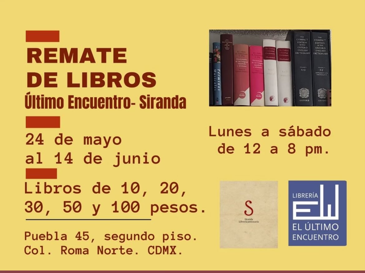 Emilio (@cafeydiscos) on Twitter photo Amigas, amigos, no se pierdan el remate de libros de <a href="/UltimoLibreria/">E l ú l t i m o e n c u e n t r o 📚</a> y <a href="/sirandalibros/">Siranda Librería Anticuaria</a>. Hay mucho material muy bueno y a precios casi de regalo. Amigas, amigos, no se pierdan el remate de libros de <a href="/UltimoLibreria/">E l ú l t i m o e n c u e n t r o 📚</a> y <a href="/sirandalibros/">Siranda Librería Anticuaria</a>. Hay mucho material muy bueno y a precios casi de regalo.