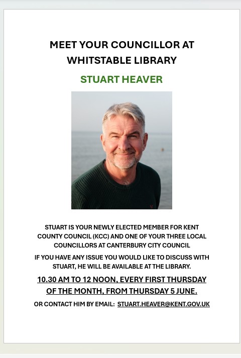 Meet Councillor <a href="/StuartHeaver/">Stuart Heaver</a> at the first of his regular surgeries at Whitstable Library next Thursday 5 June from 10.30.
