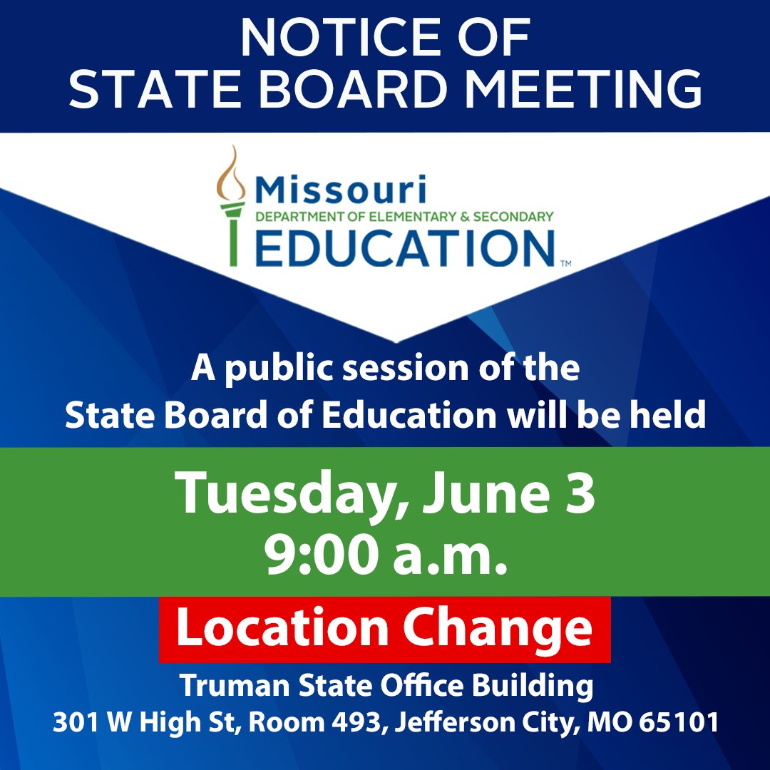 The Missouri State Board of Education meets on 6/3 at 9:00 a.m. The meeting is open for the public to attend in person.
Click here to listen to the meeting audio: dese.mo.gov/sbe-livestream
And here for the agenda: dese.mo.gov/state-board-ed…
#MoSBOE