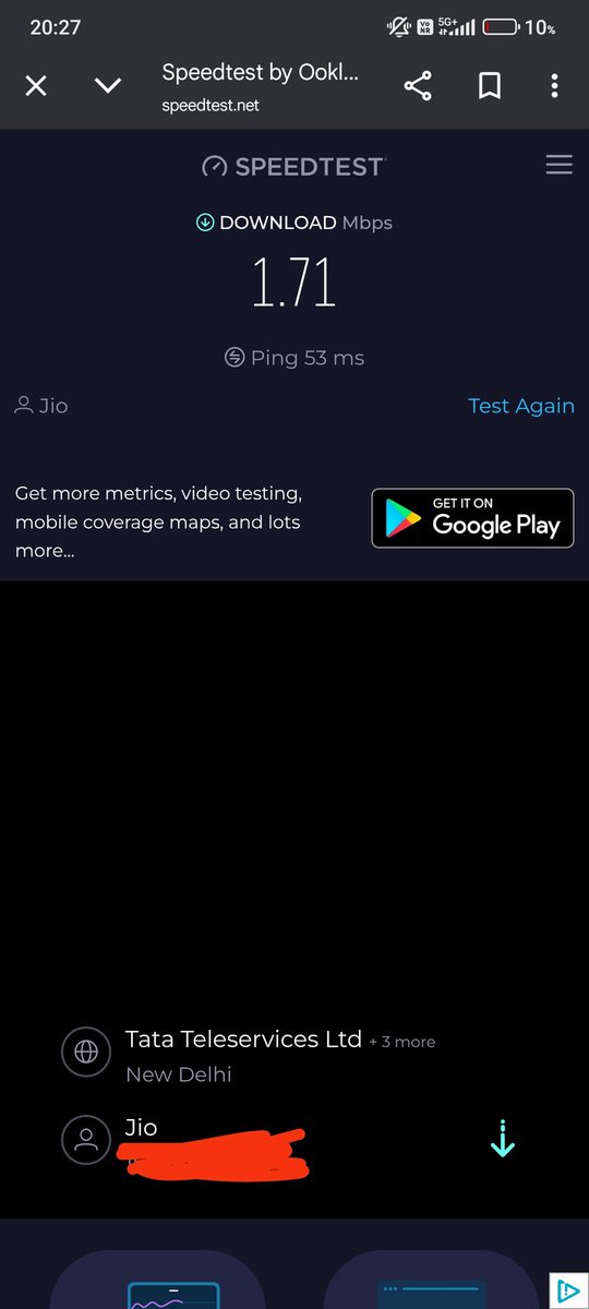 mk857295's tweet photo. @JioCare @reliancejio @TRAI  @_MukeshAmbani Hello Jio, should we recharge for 5G to get this 5G speed? That too in a city like Delhi, you make so much noise about your 5G services but your network speed is so poor as you can see yourself, this speed is from Badarpur border area https://t.co/D1rIUBh5Ri