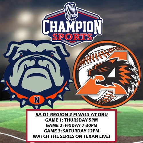 Champion Sports Radio (@championsports) on Twitter photo The <a href="/uiltexas/">Texas UIL</a> Baseball State Semifinals start tonight as #3 <a href="/AHSBSBLBooster/">Aledo Bearcat Baseball</a> battles <a href="/MNHSAllAccess/">MNHS Bulldog Baseball</a>! If you can’t be there, watch with us on <a href="/Texan_Live/">Dave Campbell’s Texan Live - Texanlive.com</a>!
⚾️5A D1 State Semis
⏰5PM
📍<a href="/DBUPatriots/">Dallas Baptist University</a>
🎙️<a href="/bpropes30/">Barry Propes</a> & <a href="/CoachDZimmerman/">David Zimmerman</a>
📺 texanlive.com/video/6835f869… The <a href="/uiltexas/">Texas UIL</a> Baseball State Semifinals start tonight as #3 <a href="/AHSBSBLBooster/">Aledo Bearcat Baseball</a> battles <a href="/MNHSAllAccess/">MNHS Bulldog Baseball</a>! If you can’t be there, watch with us on <a href="/Texan_Live/">Dave Campbell’s Texan Live - Texanlive.com</a>!
⚾️5A D1 State Semis
⏰5PM
📍<a href="/DBUPatriots/">Dallas Baptist University</a>
🎙️<a href="/bpropes30/">Barry Propes</a> & <a href="/CoachDZimmerman/">David Zimmerman</a>
📺 texanlive.com/video/6835f869…