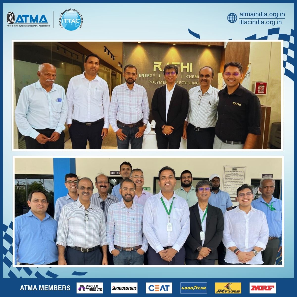 Under Industry Academia Partnership/Collaboration program the ITTAC Project Group, comprising Dr. Sujith Nair (CEAT), Dr. Saikat Das Gupta (JK Tyre), Mr. Shyju G (MRF), and the Director, ITTAC, visited the waste tyre recycling facilities of Capital Carbon and TINNA Rubber in