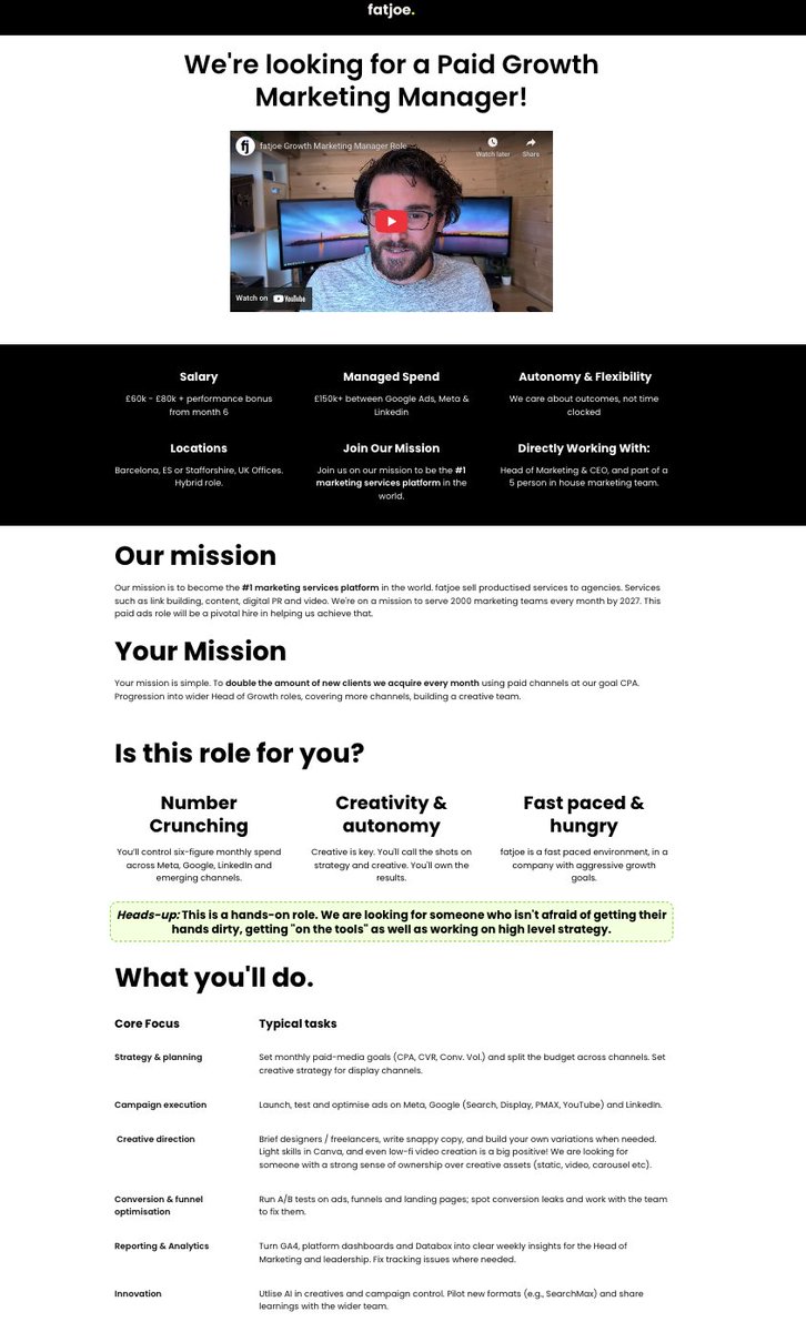 We're looking for an inhouse paid growth marketer.

Handling G ads, meta, linkedin creative strategy and budgets.

Pay is $80-$110k + performance.

Fancy a new challenge, DM me.

Know a person? I'll pay you $1k to refer me them if they get hired.