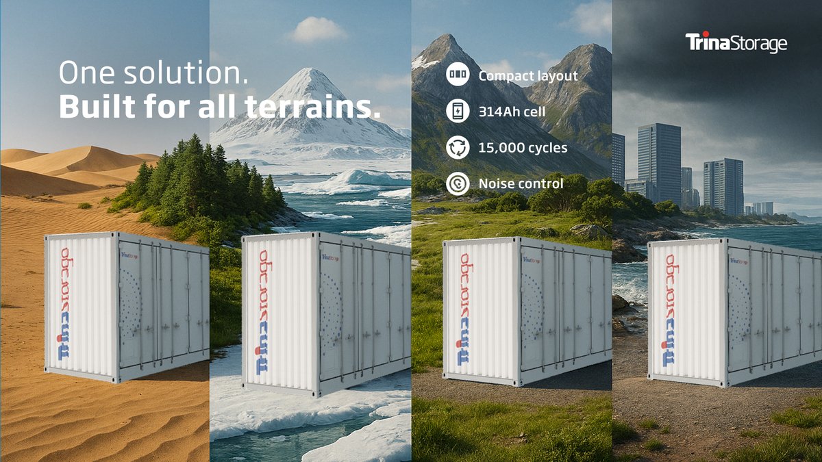 TrinaStorage's tweet image. One solution. Built for all terrains.
Urban. Remote. Coastal. Elementa 2 Pro adapts to them all.
Compact layout. 314Ah cell. 15,000 cycles.
This is adaptable storage: bit.ly/4knxbuA 
#TrinaStorage #Elementa2Pro #EnergyStorage