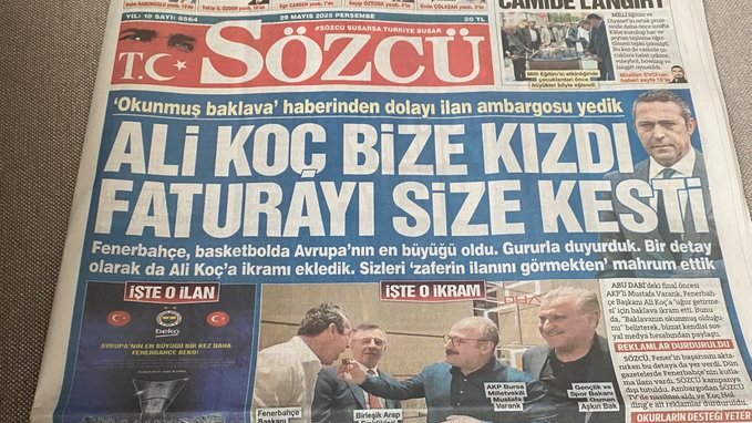 Şu olayın büyüklüğünün farkında mısınız?
Bir gazete, bir şirket grubu reklam vermeyi kestiği için manşetten sitem ediyor.
O reklam pastasını düşünün bi...

Sonra da bizim "Ali Koç medyası!" derken ne kadar haklı olduğumuzu ama "ne alakası var?" diyenlerin yine sessiz kaldığını