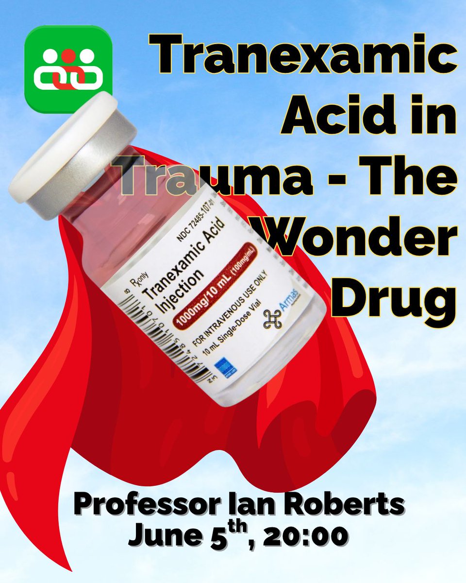 💉 Next Webinar!

They're coming thick and fast now after a short reprieve.

Join us next week, on the 5th of June when Professor Ian Roberts will discuss TXA and what paramedics can do to close the treatment gap.

✅ Register free at zoom.us/webinar/regist… 

#TraumaCare #TXA