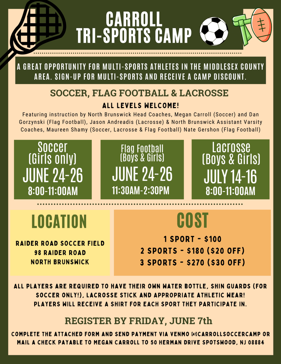 CoachGorzy's tweet photo. Flag Football is growing throughout NJ and USA!🏈 Be a part of the bright future of Flag Football in Middlesex County by attending our camp June 24-26! Camp designed for multi-sport athletes of all skill levels. Sign up link provided. https://t.co/SRGSwiJhIh https://t.co/N6A3DX3JN8