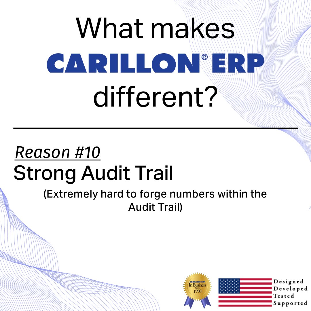 Trust your numbers with Carillon ERP’s strong audit trail! 🔒📊 Designed to make forging nearly impossible, ensuring your data's integrity and security. 💼✨ 
Learn more today!!
Call Isabella at 972-454-4573
ow.ly/NZRq50Ug8Ze
#AuditTrail #DataIntegrity #CarillonERP