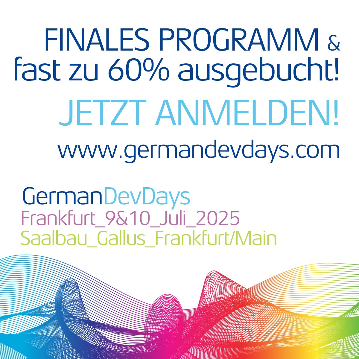 Uuund das #GDD2025 Programm ist vollständig! (Gerne teilen!)
Wer sich bisher noch nicht für ein kostenloses Ticket (für Studierende, Auszubildende &amp; Lehrkörper) oder für ein Business-Ticket (149€ zzgl. MwSt.) registriert hat, JETZT NACHHOLEN! 😃 #GermanDevDays