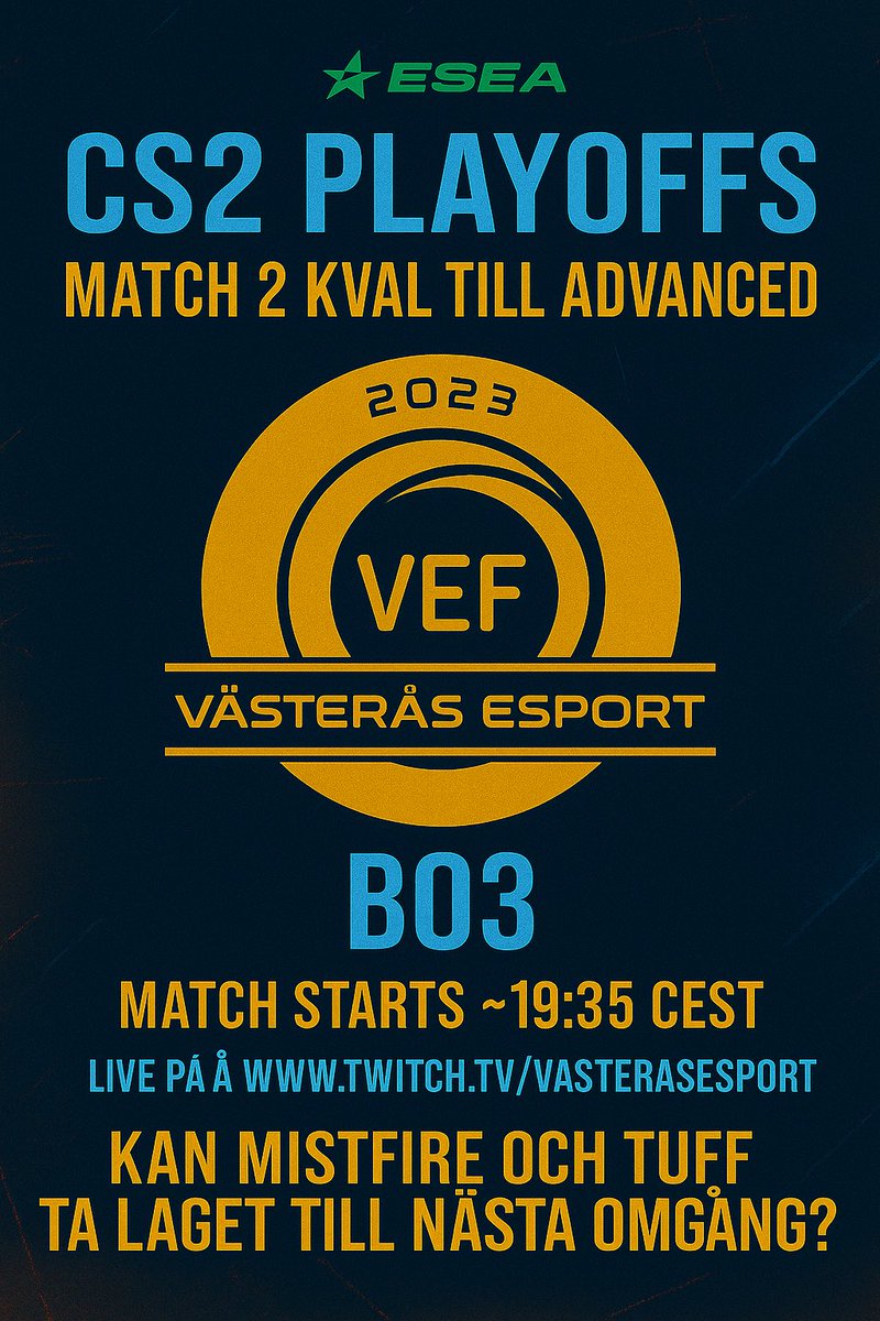 Dags ikväll igen! Idag från studion. Kan vi ta oss vidare i kvalet? 
19.35 B03
twitch.tv/vasterasesport
#esport #västerås