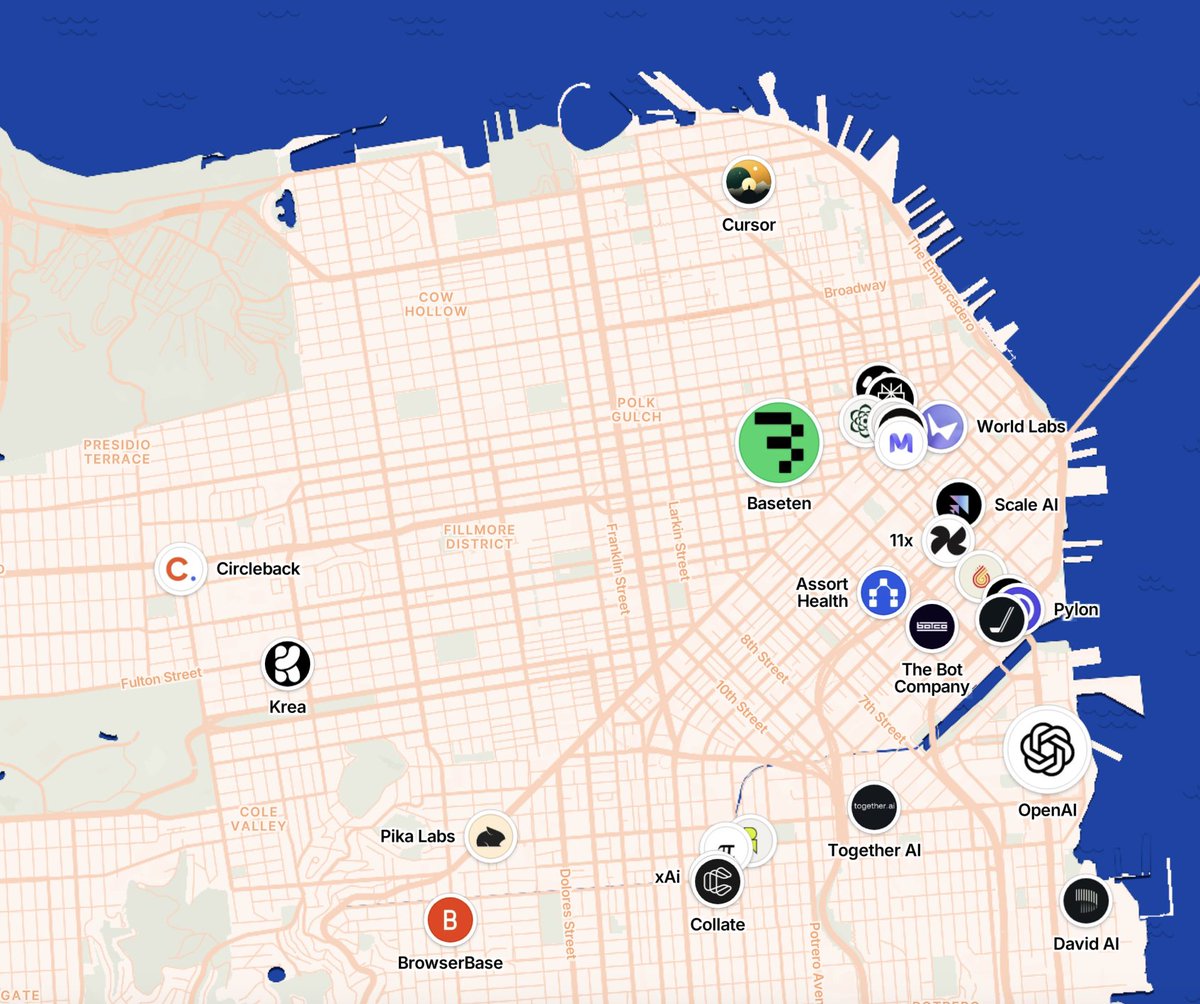 Phil Chen (@philchen22) on Twitter photo 50+ AI startups mapped — and SF is just getting warmed up.
From <a href="/OpenAI/">OpenAI</a> to <a href="/pika_labs/">Pika</a> , the city’s stacked with talent.
Backed by $Bs from <a href="/sequoia/">Sequoia Capital</a> , <a href="/a16z/">a16z</a> , <a href="/ycombinator/">Y Combinator</a> , <a href="/khoslaventures/">Khosla Ventures</a> , and more.
Who are we missing? 👀 <a href="/brexHQ/">Brex</a> 50+ AI startups mapped — and SF is just getting warmed up.
From <a href="/OpenAI/">OpenAI</a> to <a href="/pika_labs/">Pika</a> , the city’s stacked with talent.
Backed by $Bs from <a href="/sequoia/">Sequoia Capital</a> , <a href="/a16z/">a16z</a> , <a href="/ycombinator/">Y Combinator</a> , <a href="/khoslaventures/">Khosla Ventures</a> , and more.
Who are we missing? 👀 <a href="/brexHQ/">Brex</a>