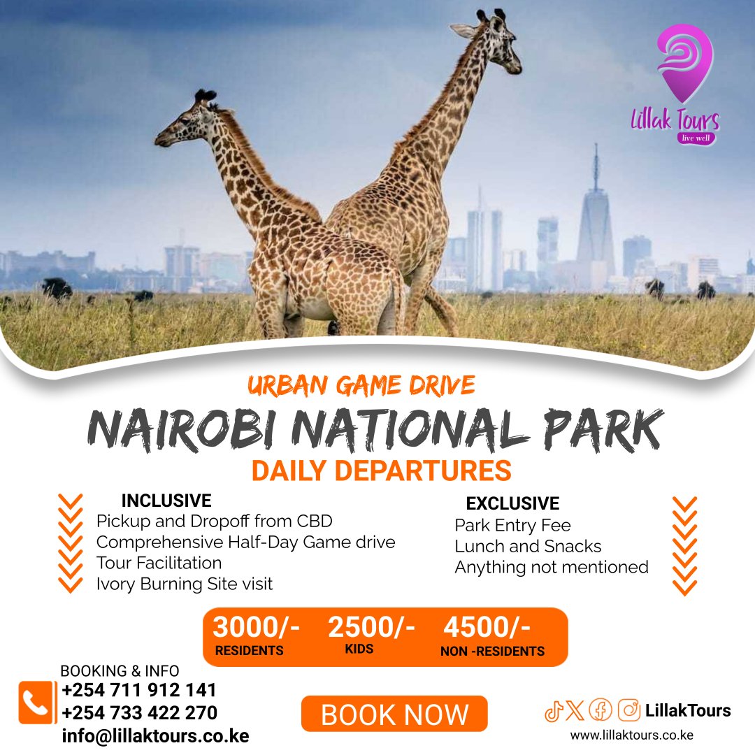 LillakTours's tweet photo. 𝐍𝐀𝐈𝐑𝐎𝐁𝐈 𝐍𝐀𝐓𝐈𝐎𝐍𝐀𝐋 𝐏𝐀𝐑𝐊 𝐆𝐀𝐌𝐄𝐃𝐑𝐈𝐕𝐄
Daily Departures

𝐂𝐎𝐒𝐓:
𝐖𝐞𝐞𝐤𝐝𝐚𝐲
✓ Usd 35 - Meet up at Kencom/ NNP gate
✓ Usd 45 - Hotel pick up&amp; Drop off 
𝐖𝐞𝐞𝐤𝐞𝐧𝐝
✓ Residents Kes 3,000/=
✓ Non-resident Kes 4,500/= https://t.co/WOBqu6y4ju