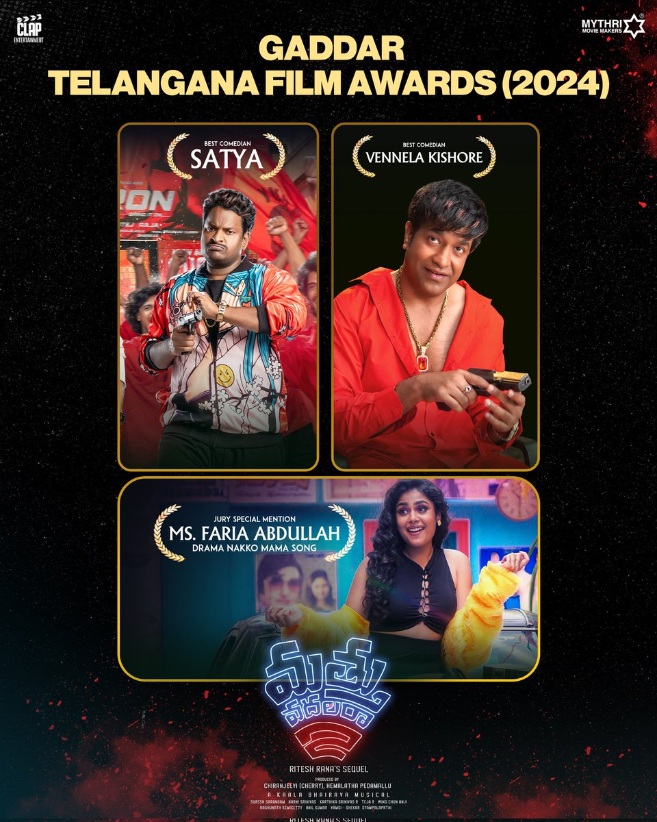 Clap Entertainment (@clapentrtmnt) on Twitter photo #MathuVadalara2 wins big at Gaddar Telangana Film Awards ✨
Congratulations to #Satya, <a href="/vennelakishore/">vennela kishore</a> & <a href="/fariaabdullah2/">Faria Abdullah</a> for winning at the Gaddar Telangana Film Awards 2024 for #Mathuvadalara2.
#MV2 <a href="/Simhakoduri23/">Sri Simha Koduri</a> <a href="/RiteshRana/">Ritesh Rana</a> <a href="/kaalabhairava7/">Kaala Bhairava</a> <a href="/MythriOfficial/">Mythri Movie Makers</a> <a href="/shreyasgroup/">Shreyas Media</a> #MathuVadalara2 wins big at Gaddar Telangana Film Awards ✨
Congratulations to #Satya, <a href="/vennelakishore/">vennela kishore</a> & <a href="/fariaabdullah2/">Faria Abdullah</a> for winning at the Gaddar Telangana Film Awards 2024 for #Mathuvadalara2.
#MV2 <a href="/Simhakoduri23/">Sri Simha Koduri</a> <a href="/RiteshRana/">Ritesh Rana</a> <a href="/kaalabhairava7/">Kaala Bhairava</a> <a href="/MythriOfficial/">Mythri Movie Makers</a> <a href="/shreyasgroup/">Shreyas Media</a>