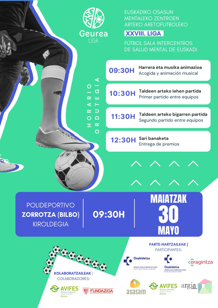 avifes's tweet photo. ⚽¡Estamos deseando participar en la final de la XXVIII Edición de la Liga Geurea de #walkingfootball! 🧠Jugaremos en defensa de la inclusión y la #saludmental junto a participantes con #enfermedadmental de toda Euskadi.
📅Viernes, 30 de mayo
📍Polideportivo de #Zorroza
🕖09:30h https://t.co/XjKsJY0wTe