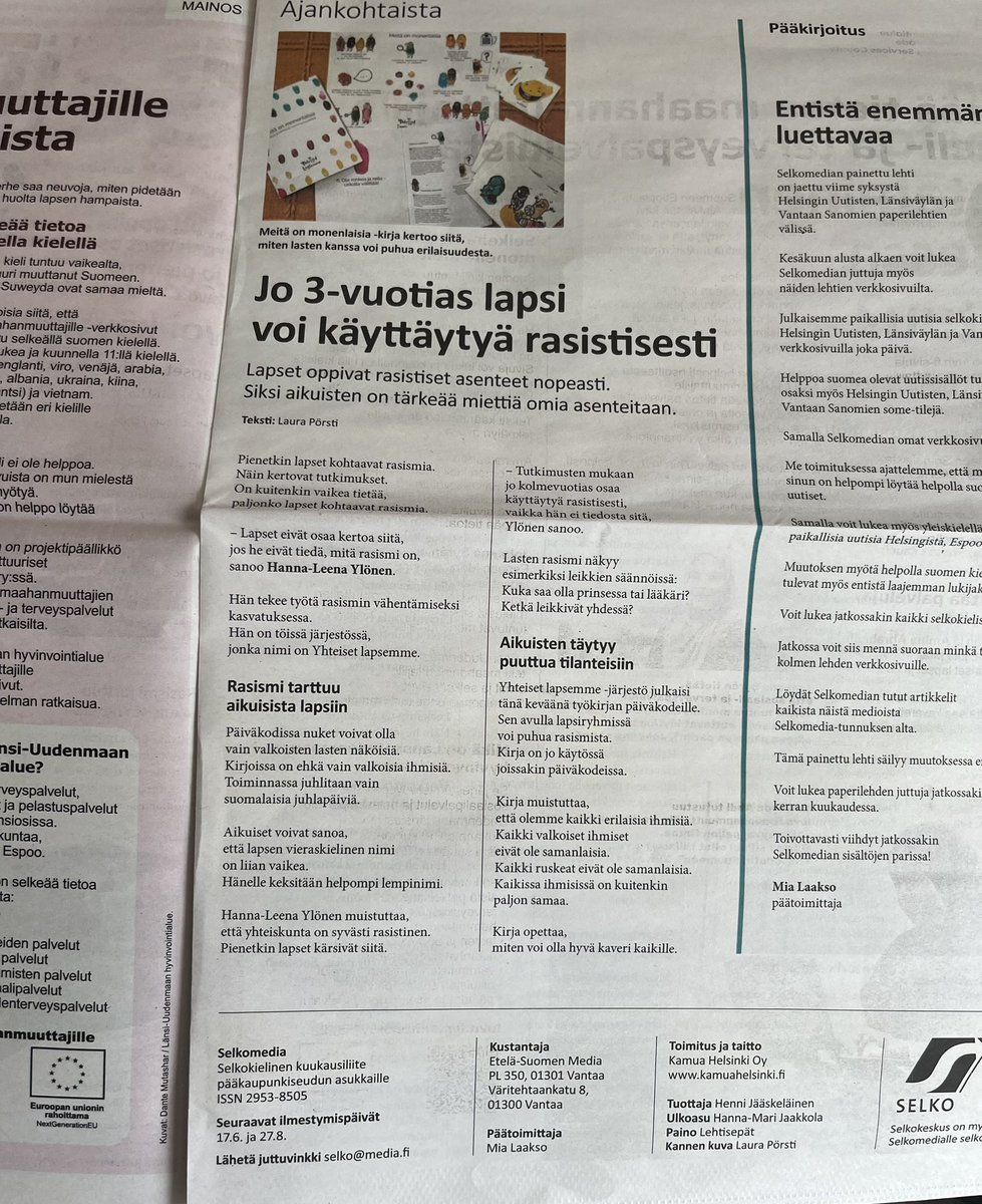 Etelä-Suomen media valistaa kaikki pk-seudun asukkaat ilmaisjakelun julkaisullaan toteamalla, että 3-vuotias lapsi voi olla rasisti leikkiessään nukeilla tai valitsemalla kenen kanssa leikkii..  #selkomedia