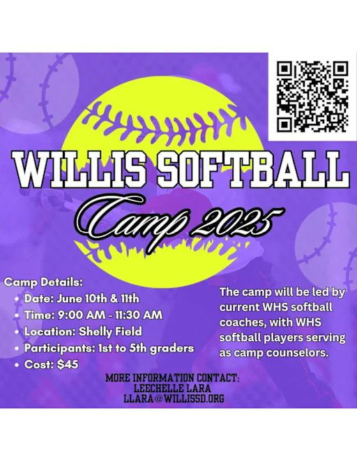 🎯 SUMMER CAMP SPOTLIGHT: Kat Kulture Camp, Rising Kat Camp, and Willis Softball Camp

Spots are still available for these action-packed camps designed to build skills, confidence, and Wildkat pride!

🏈 Kat Kulture Camp
Registration: tinyurl.com/4tusycdc
SchoolPay: