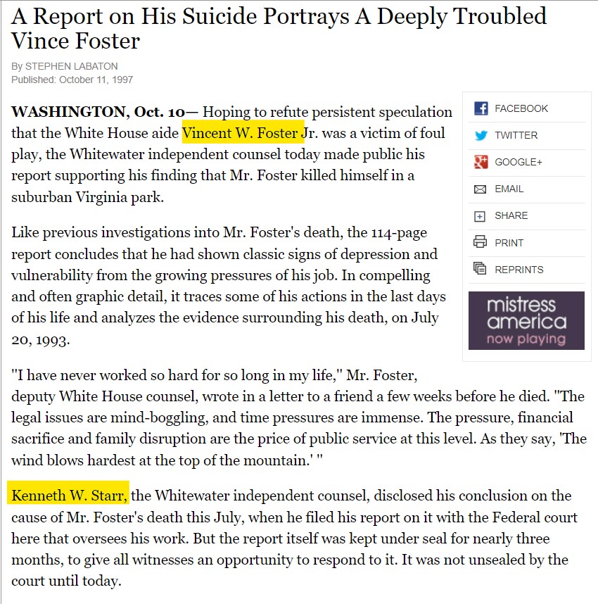 LandlordLinks's tweet image. 'Fixer' Kenneth Starr (and future atty for Jeffrey Epstein) concluded that Vincent Foster "killed himself" on July 20, 1993. 
Foster had been a childhood friend of Bill Clinton, worked at Rose Law Firm and spent 6 months at Clinton's White House.
#BillClinton #ClintonBodyCount