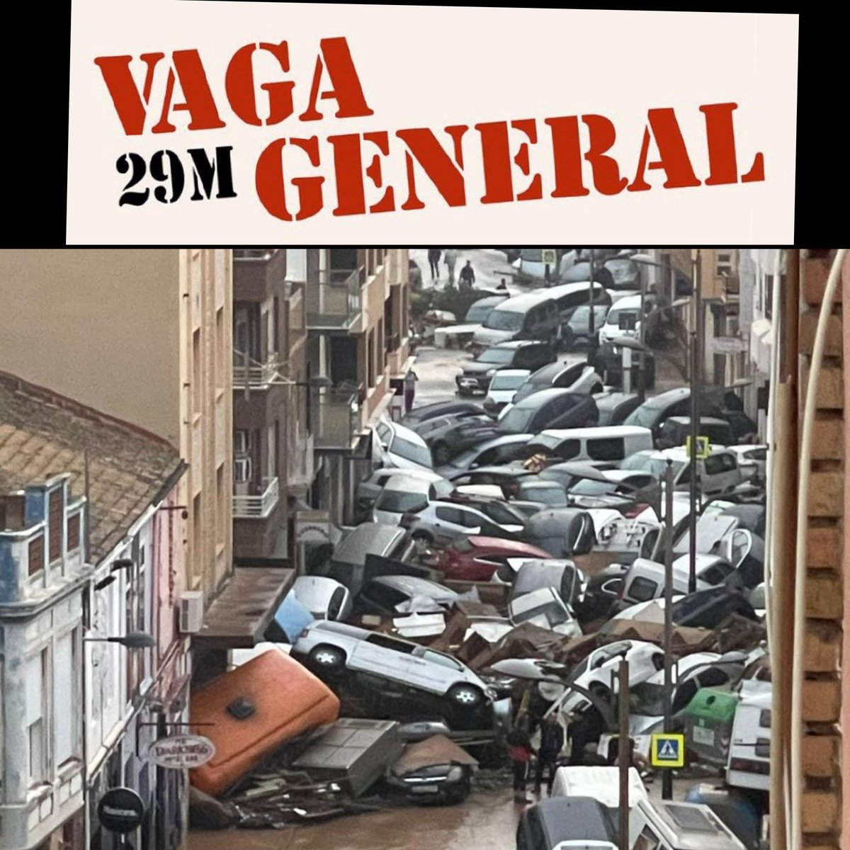 229 morts
Zero gestió pública 
Zero nova planificació urbana i territorial 
La gent segueix vivint en zones inundables
Zero responsables 
#VagaGeneral29M #PaísValencià