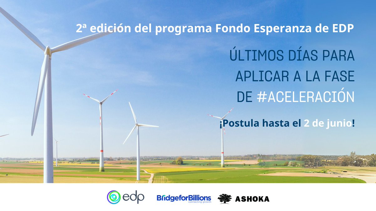Ashoka España (@ashokaspain) on Twitter photo 💫¡Últimos días para aplica al programa Fondo Esperanza de #aceleración de <a href="/EdpRenewables/">EDP Renewables</a> !
Si tienes un proyecto avanzado que aborde desafíos sociales o ambientales en América Latina, 
Portugal o España, ¡aplica hasta el 2 de junio!
👉 f.mtr.cool/jhlxonmmhj 💫¡Últimos días para aplica al programa Fondo Esperanza de #aceleración de <a href="/EdpRenewables/">EDP Renewables</a> !
Si tienes un proyecto avanzado que aborde desafíos sociales o ambientales en América Latina, 
Portugal o España, ¡aplica hasta el 2 de junio!
👉 f.mtr.cool/jhlxonmmhj