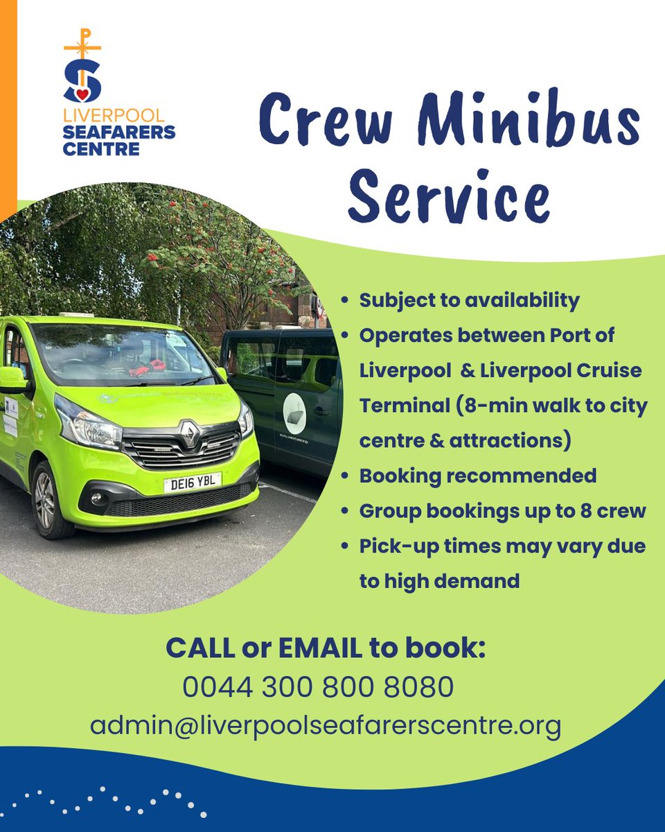 Explore our city of Liverpool with our free minibus shuttle service!

Phone + 44 300 800 8080
Email admin@liverpoolseafarerscentre.org

#Maritime #MerchantNavy #Crew #Seafarer #Seafarers #Liverpool #PortOfLiverpool