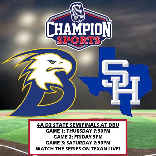 Champion Sports Radio (@championsports) on Twitter photo The <a href="/uiltexas/">Texas UIL</a> Baseball State Semifinals start tonight as #9 <a href="/BrockEaglesBSB/">Brock Eagle Baseball</a> battles #4 <a href="/SHBaseball23/">SH Panthers Baseball</a>! If you can’t be there, watch with us on <a href="/Texan_Live/">Dave Campbell’s Texan Live - Texanlive.com</a>!
⚾️4A D2 State Semis
⏰7:30PM
📍<a href="/DBUPatriots/">Dallas Baptist University</a>
🎙️<a href="/bpropes30/">Barry Propes</a> & <a href="/CoachDZimmerman/">David Zimmerman</a>
📺 texanlive.com/video/6835fbef… The <a href="/uiltexas/">Texas UIL</a> Baseball State Semifinals start tonight as #9 <a href="/BrockEaglesBSB/">Brock Eagle Baseball</a> battles #4 <a href="/SHBaseball23/">SH Panthers Baseball</a>! If you can’t be there, watch with us on <a href="/Texan_Live/">Dave Campbell’s Texan Live - Texanlive.com</a>!
⚾️4A D2 State Semis
⏰7:30PM
📍<a href="/DBUPatriots/">Dallas Baptist University</a>
🎙️<a href="/bpropes30/">Barry Propes</a> & <a href="/CoachDZimmerman/">David Zimmerman</a>
📺 texanlive.com/video/6835fbef…