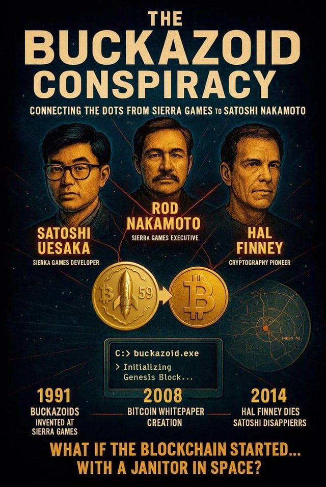 digijordan's tweet photo. Did Bitcoin come from a video game?

In 1991 the game Space Quest 4 was created by Rod Nakamoto and Satoshi Uesaka. 

(The mysterious creator of Bitcoin’s name is Satoshi Nakamoto)

In this game, which is about time travel, they use a digital coin called ‘Buckazoids’

Its logo looks almost identical to the Bitcoin logo. 

A man named Hal Finney, a cryptographer, cypherpunk and video game developer…reportedly consulted on this game. 

Hal Finney was the very FIRST person to ever receive Bitcoin. 

He has passed away and his body is held in a cryochamber awaiting a cure for ALS. 

Bitcoin is also kept in ‘cold storage’. 

So…did Hal Finney steal the idea and logo for Bitcoin from Space Quest 4…and create a fake identity by simply mashing up the two top developers names? 

🤔