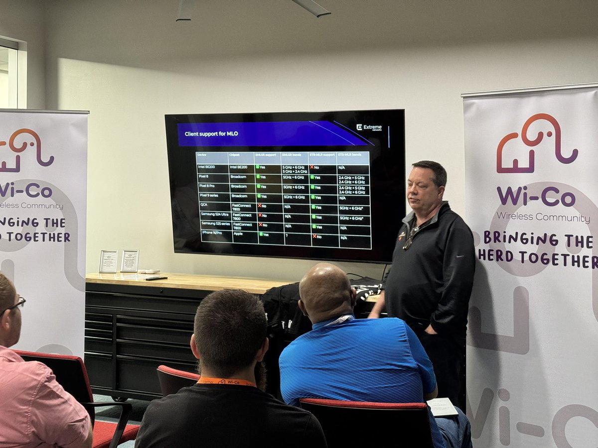 Wi-Co (@wicocommunity) on Twitter photo David Coleman discussing #MLO, client support and best practice if you really want to enable #MLO in your organization.
#wicoTN #wifi7 <a href="/ExtremeNetworks/">Extreme Networks</a> David Coleman discussing #MLO, client support and best practice if you really want to enable #MLO in your organization.
#wicoTN #wifi7 <a href="/ExtremeNetworks/">Extreme Networks</a>