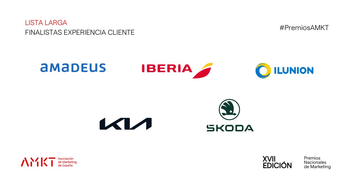 AMKT_es's tweet photo. Finalistas en la categoría Experiencia Cliente

🔻@AmadeusITGroup
🔻@Iberia
🔻@ILUNION
🔻@Kiaespana
🔻@Skoda_es

¡Enhorabuena! 👏

#PremiosAMKT | @AdobeES | @Havas_ES Media Network | @LLYC_Global | @McCann_Spain | @MediaplusEqu | @t2o_one https://t.co/V40YH6juQa