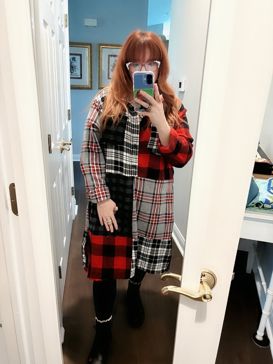 bridgetdickey_'s tweet photo. I lost most of my clothing in the LA Fires so I decided anything new I wanted to make myself. Upcycled this shirt dress from 4 mens flannel button downs. Love how it turned out. ❤️🪡🖤#upcycledclothing #upcycled #designer #upcycledfashion #handmade https://t.co/wbMDYWMddE