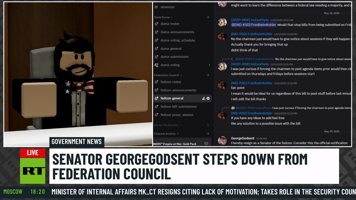 RoRussiaToday's tweet photo. RPP Senator GeorgeGodsent has resigned from the Federation Council and left Russia, departing with the words: “Don’t make me come back.” 

The FedCon now holds 2 vacant seats amid rising inactivity, raising concerns over its ability to maintain quorum and pass key legislation. https://t.co/eEmqLOsya7