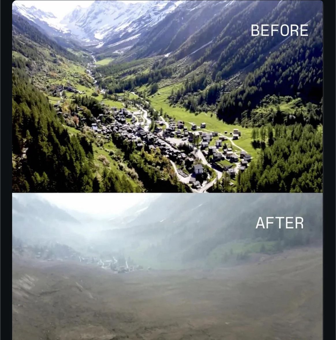 Cerca del 90% de una aldea en Blatten, Suiza, fue envuelta por un enorme deslizamiento. Afortunadamente, debido a las evacuaciones anteriores provocadas por deslizamientos iniciales más pequeños, se evitaron las bajas masivas. Sin embargo, se reporta una persona desaparecida.