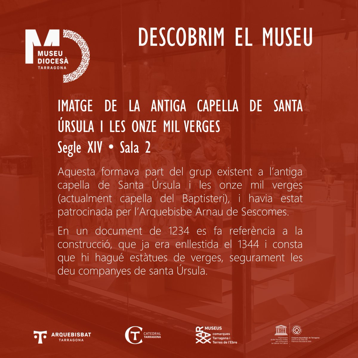Museu Diocesà de Tarragona (@museudiocesatgn) on Twitter photo 🏛 DESCOBRIM EL MUSEU | Avui us presentem una imatge de la antiga capella de Santa Úrsula i les onze mil verges, del segle XIII. La podeu veure a la Sala 2 del MDT.
#DescobrimelMuseuDiocesàTgn #esglésiadetarragona #MDT #museudiocesàtarragona
<a href="/esglesiatgn/">Arquebisbat de Tarragona</a> 🏛 DESCOBRIM EL MUSEU | Avui us presentem una imatge de la antiga capella de Santa Úrsula i les onze mil verges, del segle XIII. La podeu veure a la Sala 2 del MDT.
#DescobrimelMuseuDiocesàTgn #esglésiadetarragona #MDT #museudiocesàtarragona
<a href="/esglesiatgn/">Arquebisbat de Tarragona</a>