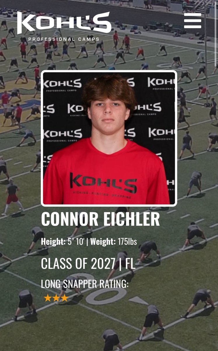 Connor Eichler (2027) (@connor_eichler) on Twitter photo Blessed to be ranked as a 3 star long snapper! Still work to do.
<a href="/NewsomeWolvesFB/">NewsomeWolvesFootball</a> <a href="/CoachC_Thornton/">Colby Thornton</a> <a href="/bmmry/">Jeff Turner</a> <a href="/RuskinBoe/">Boe Butler</a> <a href="/TommyZozus/">Tommy Zozus</a> <a href="/HKA_Tanalski/">Adam</a> <a href="/Briggs_bourg/">briggs bourgeois</a> <a href="/BaltarJackson/">Jackson Baltar</a> <a href="/CoachOrtega22/">Josh Ortega</a> <a href="/coachmreece/">Matt Reece</a> <a href="/CoachPecina/">Luke Pecina</a> Blessed to be ranked as a 3 star long snapper! Still work to do.
<a href="/NewsomeWolvesFB/">NewsomeWolvesFootball</a> <a href="/CoachC_Thornton/">Colby Thornton</a> <a href="/bmmry/">Jeff Turner</a> <a href="/RuskinBoe/">Boe Butler</a> <a href="/TommyZozus/">Tommy Zozus</a> <a href="/HKA_Tanalski/">Adam</a> <a href="/Briggs_bourg/">briggs bourgeois</a> <a href="/BaltarJackson/">Jackson Baltar</a> <a href="/CoachOrtega22/">Josh Ortega</a> <a href="/coachmreece/">Matt Reece</a> <a href="/CoachPecina/">Luke Pecina</a>
