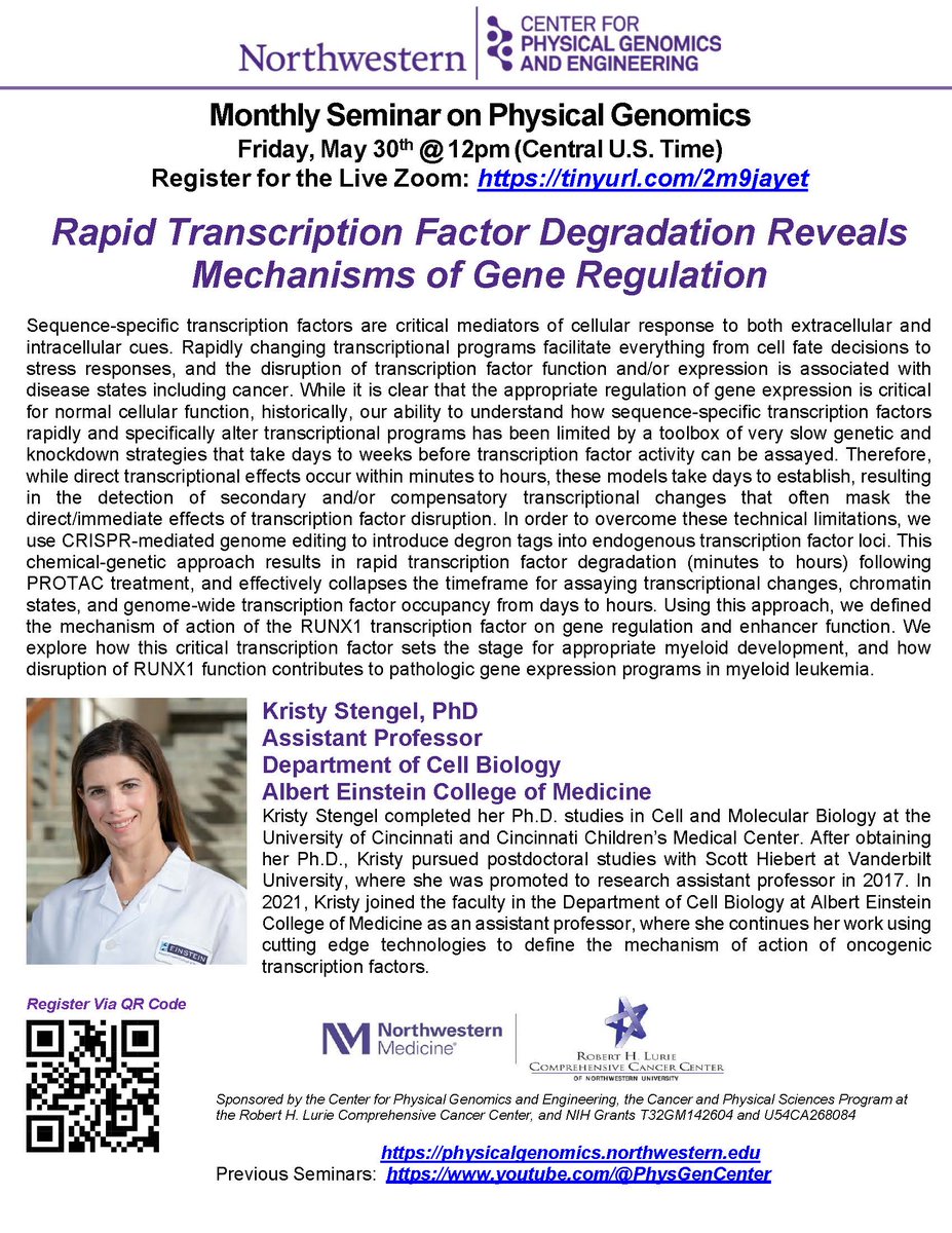 PhysGenCenter's tweet image. Tomorrow! Join us on Zoom @ 12pm CT for the Monthly Seminar on Physical Genomics with Prof. Kristy Stengel of Albert Einstein College of Medicine: "Rapid Transcription Factor Degradation Reveals Mechanisms of Gene Regulation"
Registration is free at tinyurl.com/2m9jayet